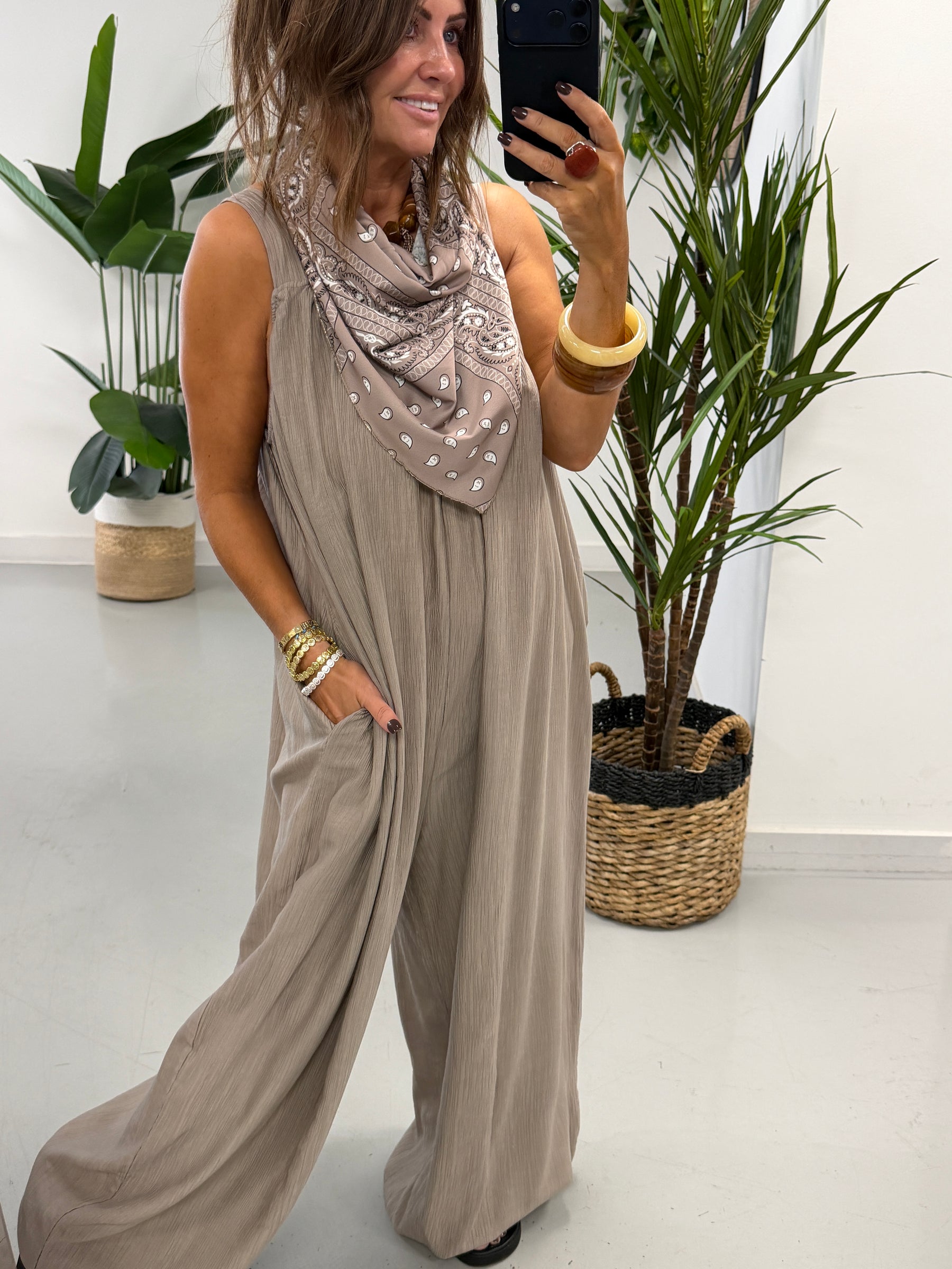 Bandana Scarf Crinkle Jumpsuit - Taupe