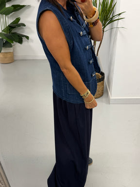 Gaberdine Denim Military Waistcoat - Denim Blue
