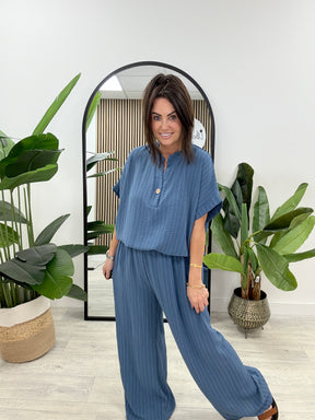 Brinley Button Pinstripe Co-Ord - Denim Blue