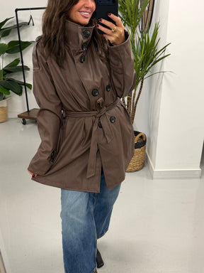 Faux & Fierce PU Trench Jacket - Chocolate (Size 12-16)