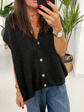 Button Up Slouchy Crop Sleeve Knit - Black