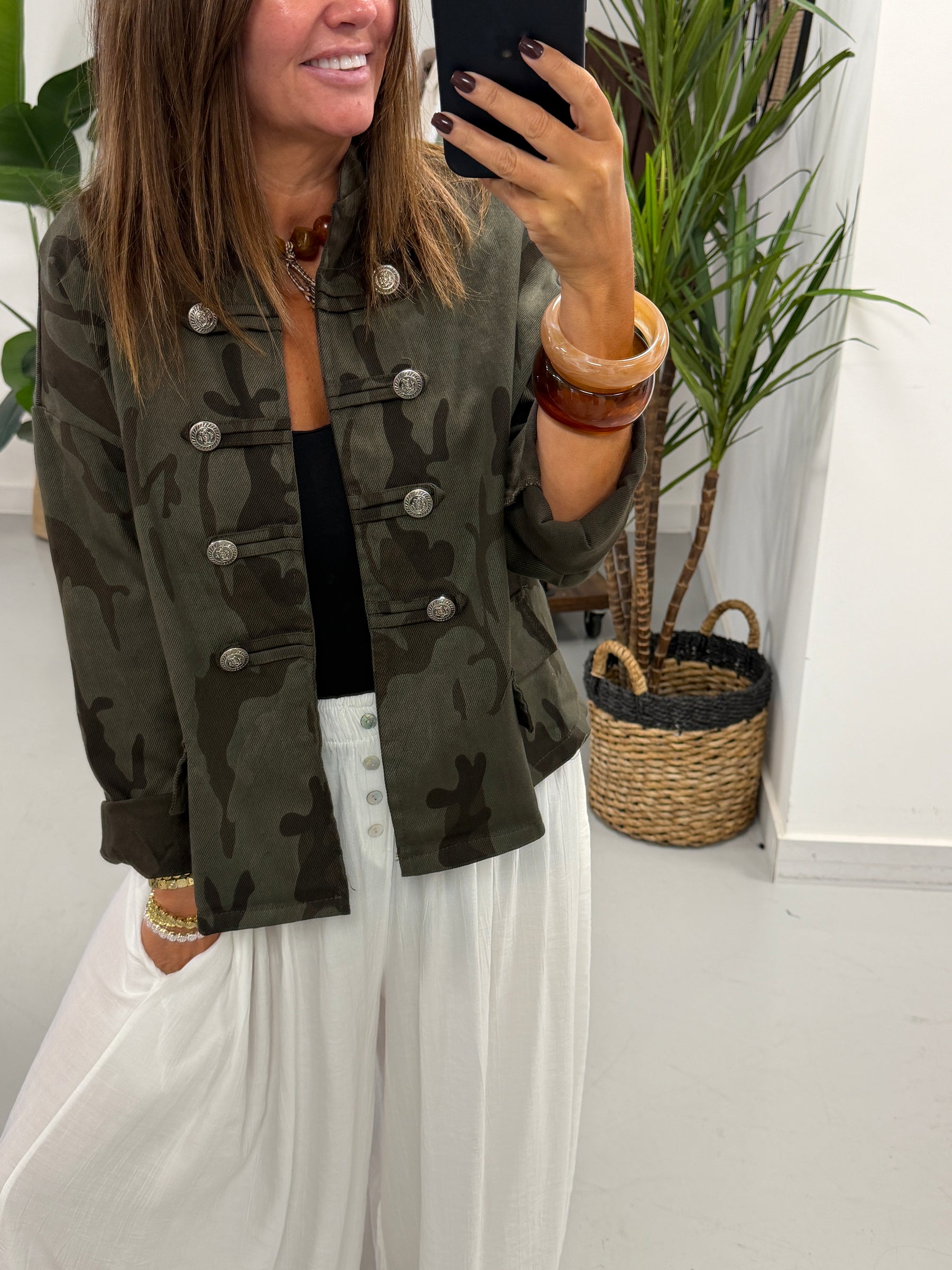 Camo Denim Military Jacket - Dark Khaki