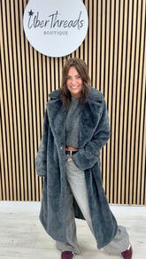 The Safron Longline Faux Fur Coat - Charcoal (Size16/18)