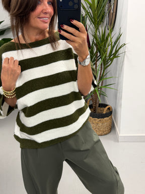 The Boat Neck Stripy Knit - Khaki/White (Size 8-16)