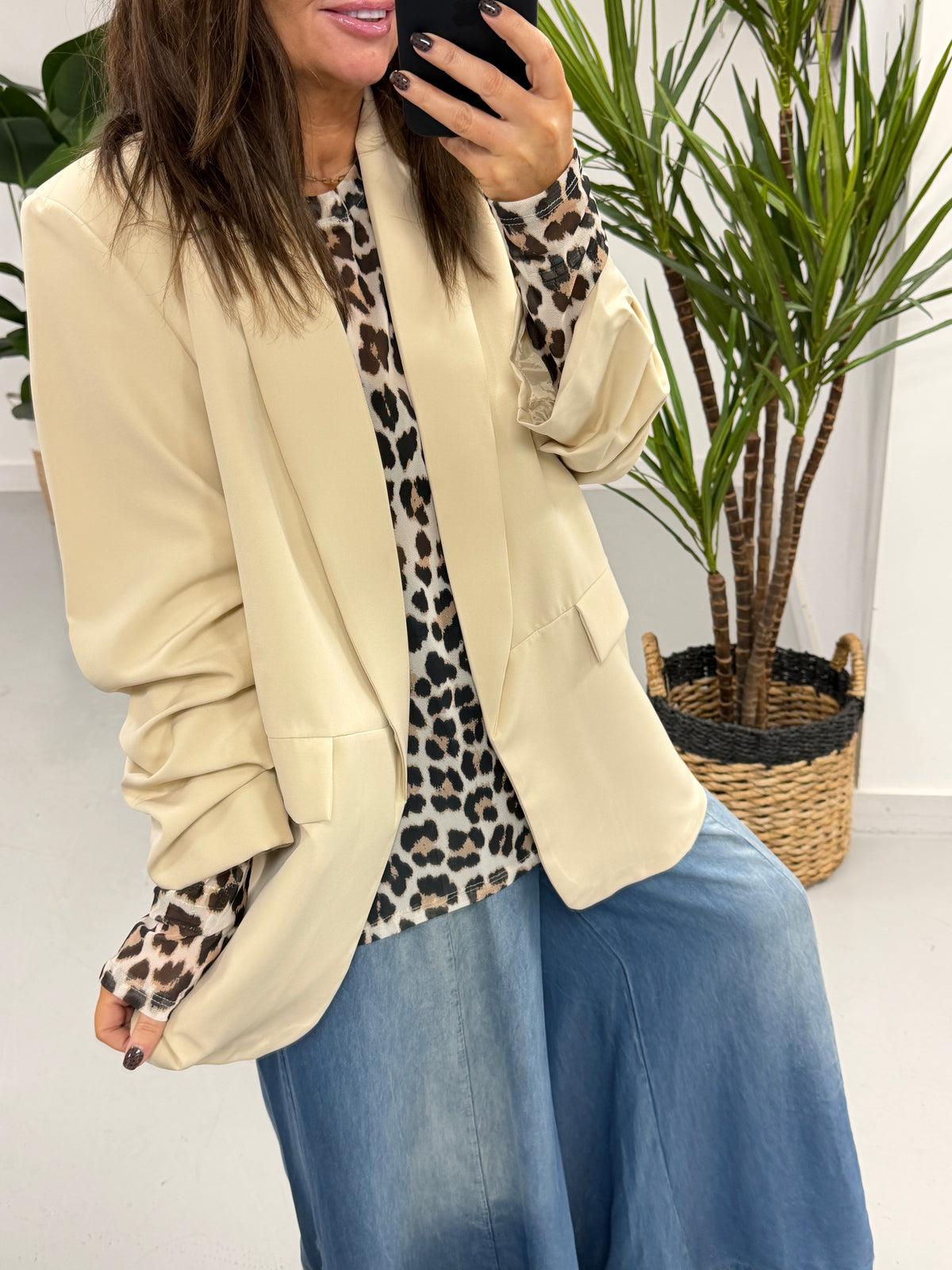 Ruched Sleeve Blazer - Stone (sized)