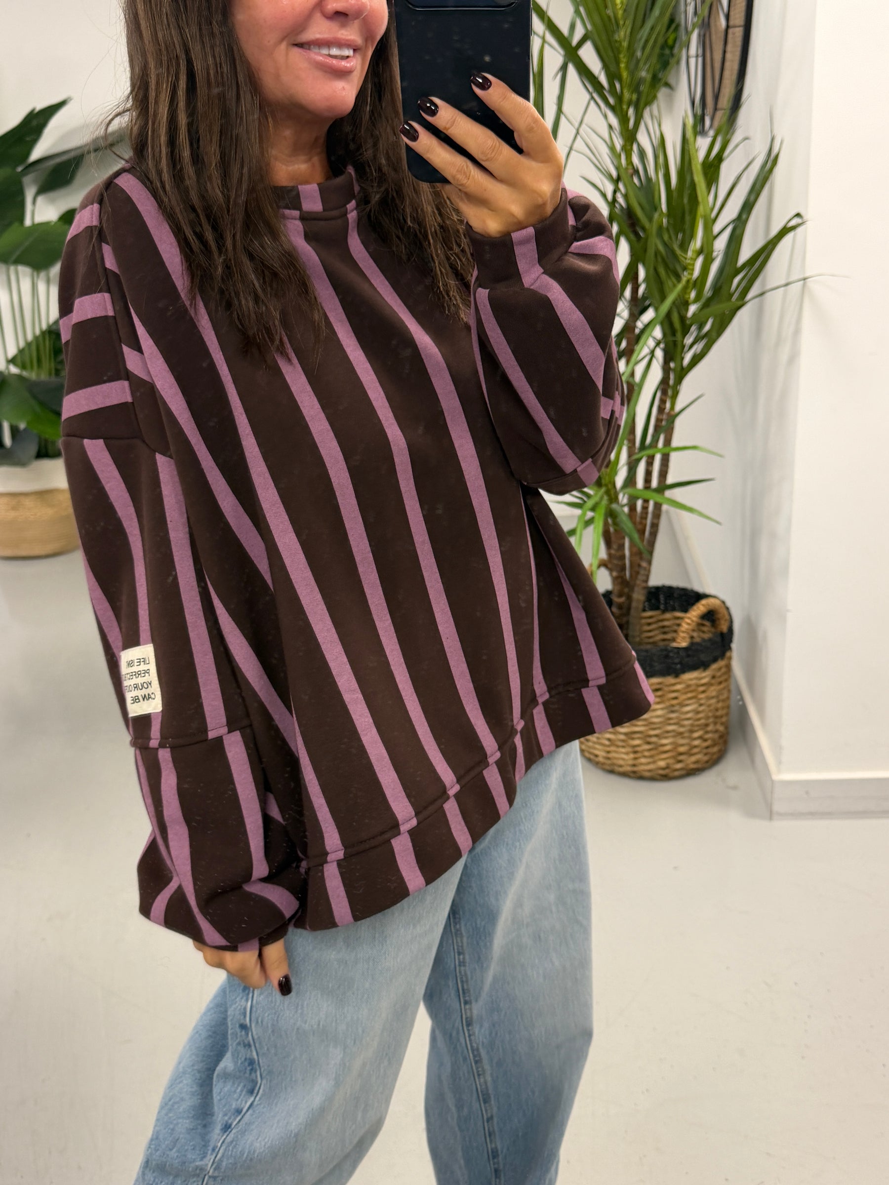 Sunset Stripe  “Life Isn’t Perfect” Sweater - Purple/Chocolate (Size 12-18)