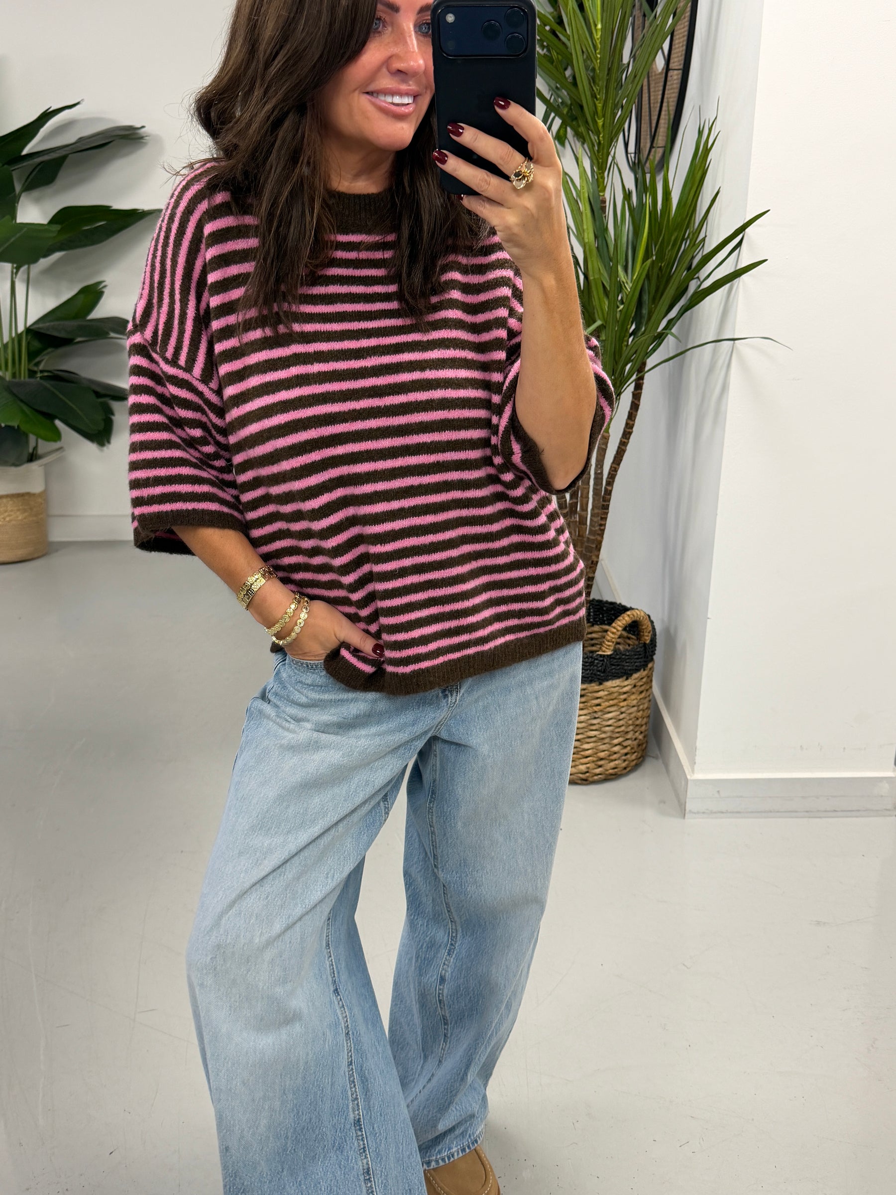 Bentley Crop Sleeve Knit  - Chocolate/Pink (Size 8-14/16)