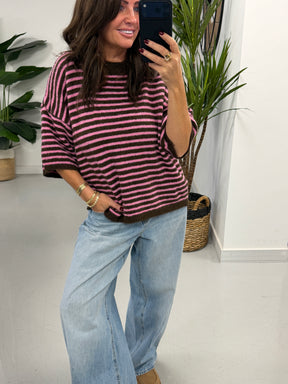 Bentley Crop Sleeve Knit  - Chocolate/Pink (Size 8-14/16)