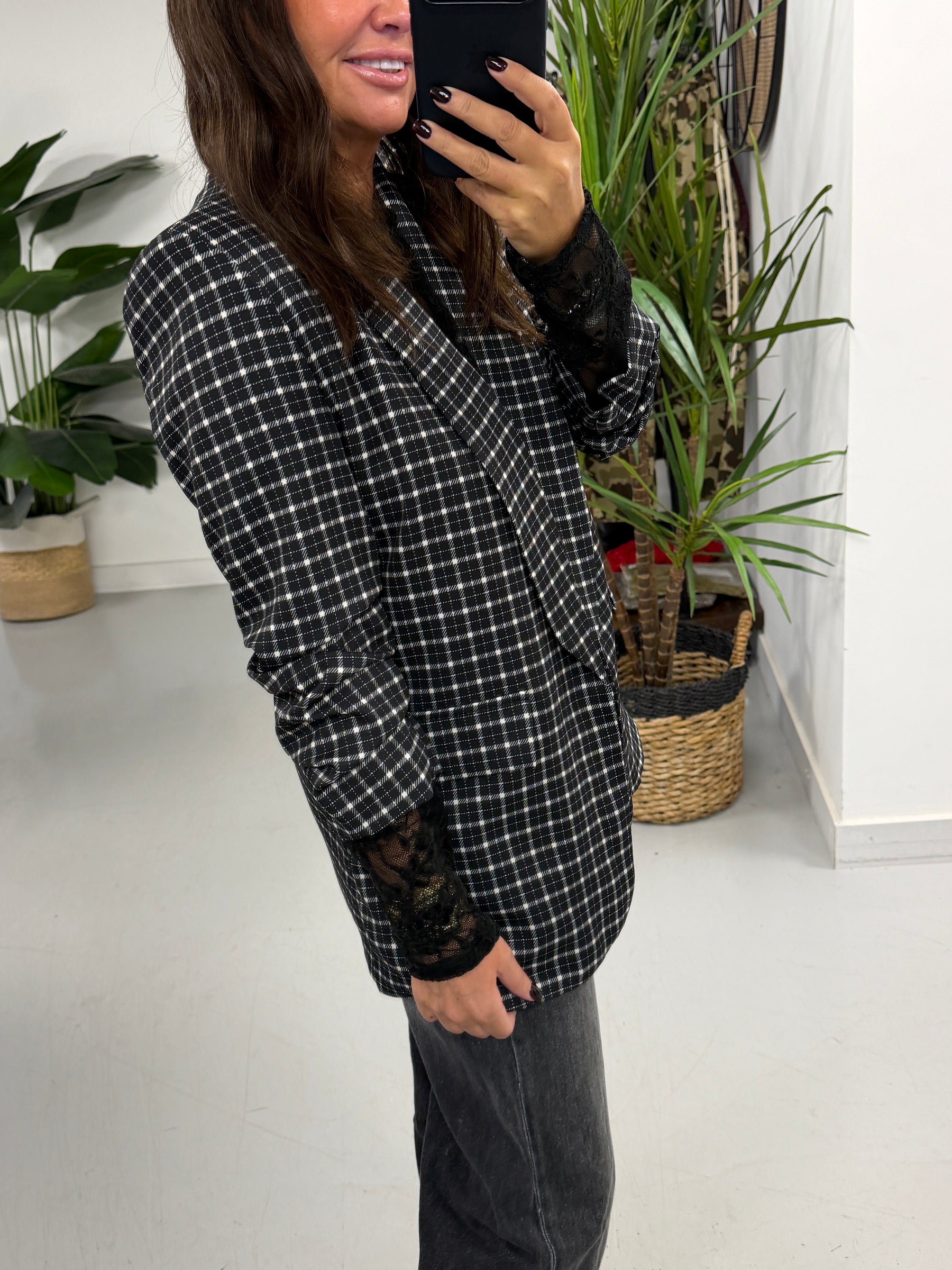 Plaid Ruched Sleeve Blazer - Black/White (Plus sizes)