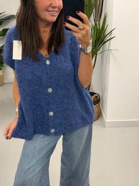 Button Up Slouchy Crop Sleeve Knit - Denim Blue  (Size 12-18)