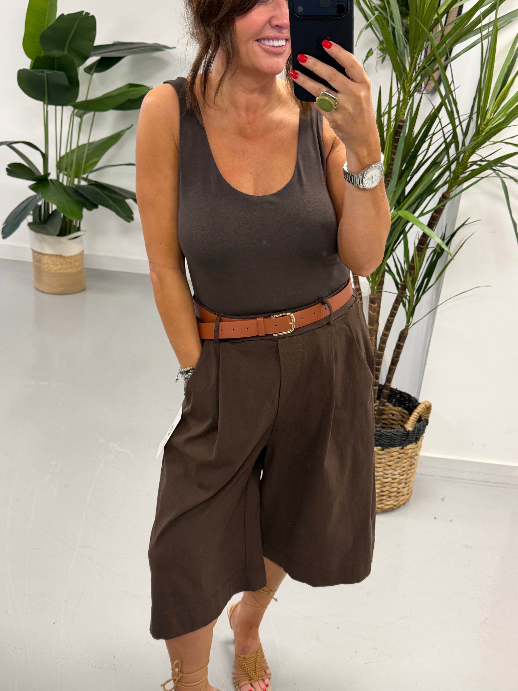 Belted Culotte Shorts - Chocolate