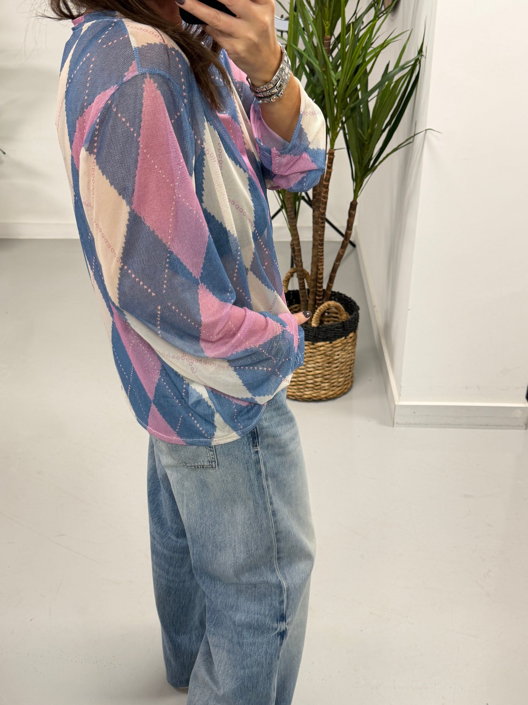 The Tartan Mesh Top - Denim Blue/Pink