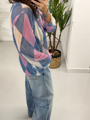 The Tartan Mesh Top - Denim Blue/Pink