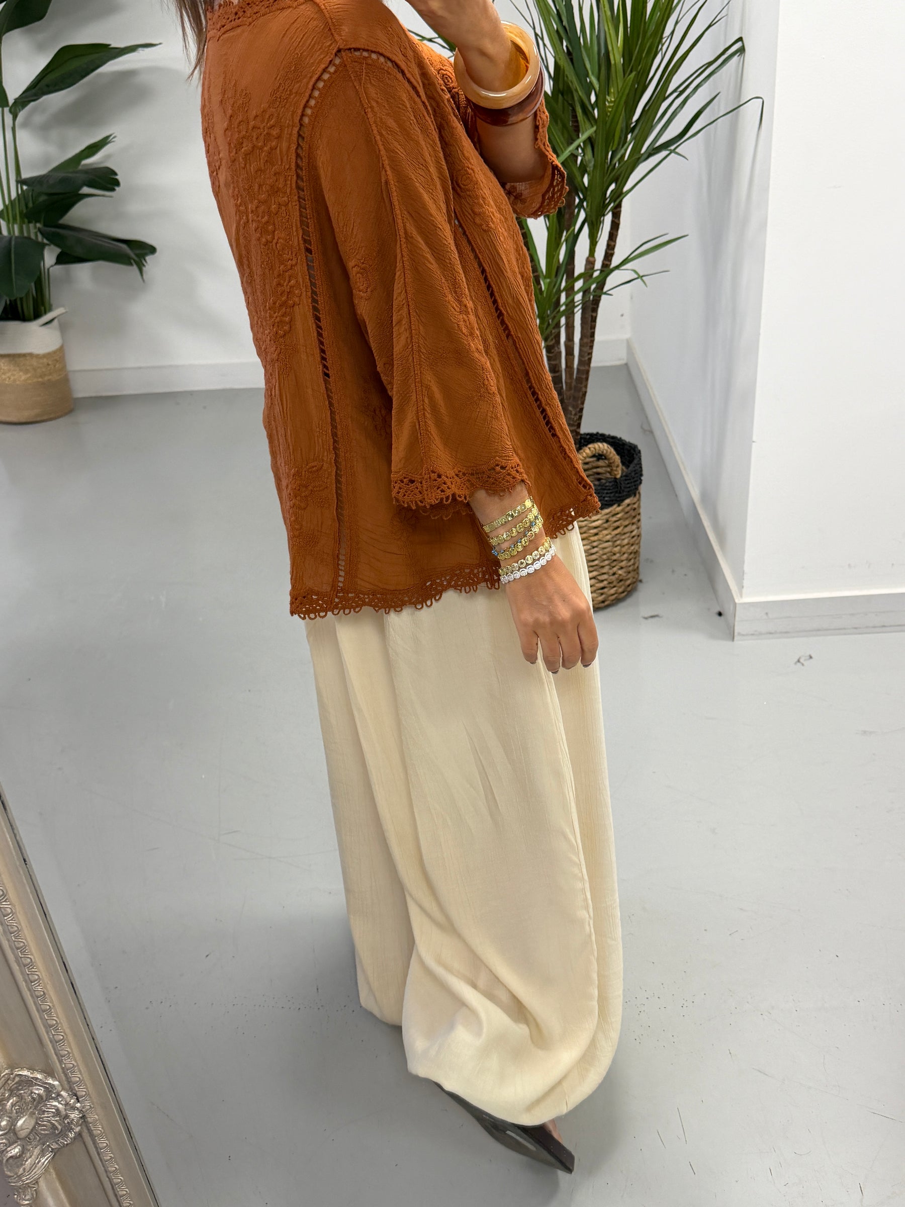 Seville Lace Button Up Top  - Rust