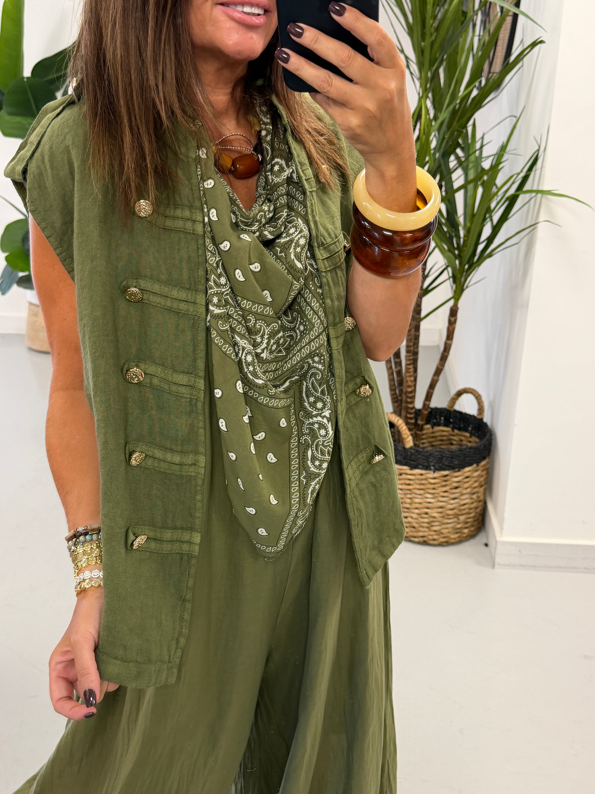 Linen Military Waistcoat - Khaki
