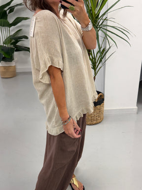 The Linen Mix Frill Tunic - Cream