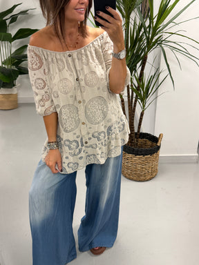 Lacey Button Bardot - Antique Cream