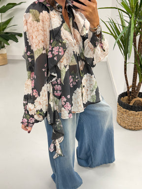 Zeta Otto Floral Frill Blouse - Black