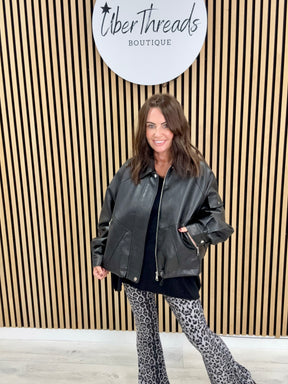 The Vegan Leather Ruched Back Bomber - Black
