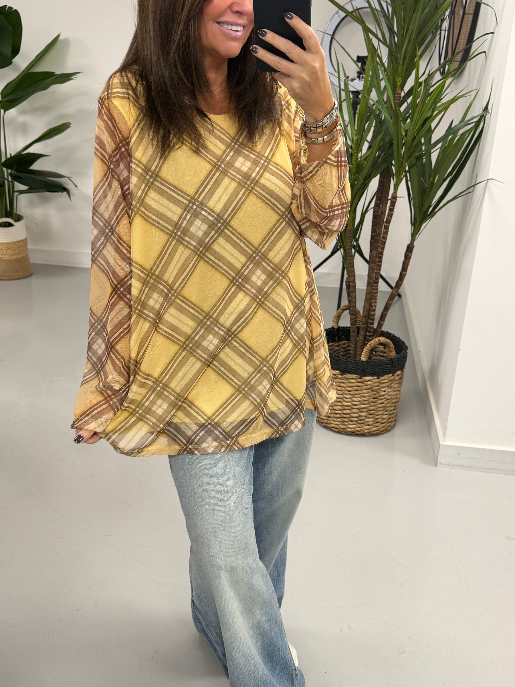 Layered Tartan Mesh Top - Lemon