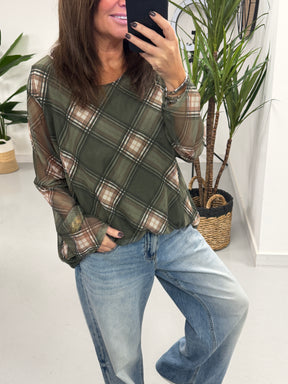 Layered Tartan Mesh Top - Khaki