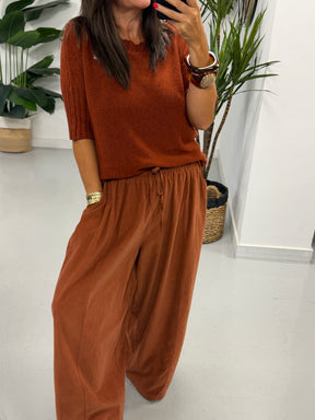 Crop Sleeve Boat Neck Knit - Rust