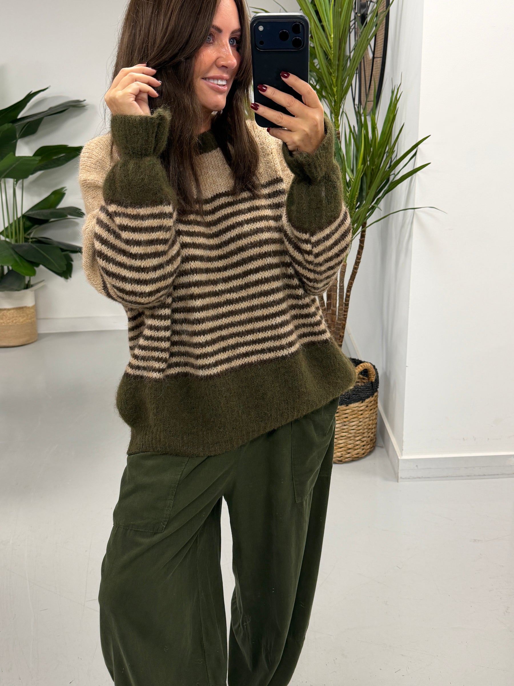 Rustic Stripe Knit Jumper  - Green/Mocha/Chocolate (Size 10-18)