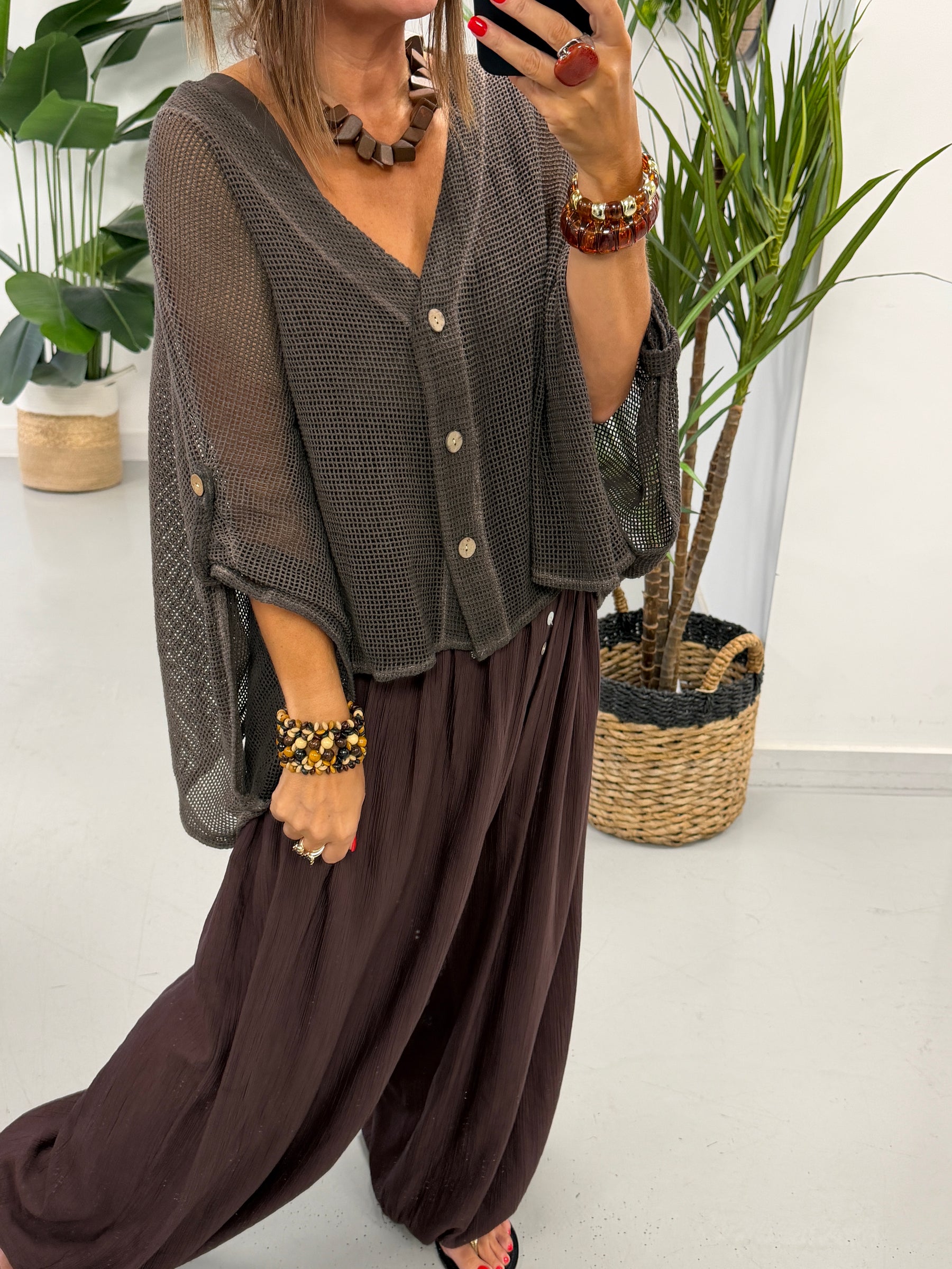 Mesh Button Cardigan - Chocolate