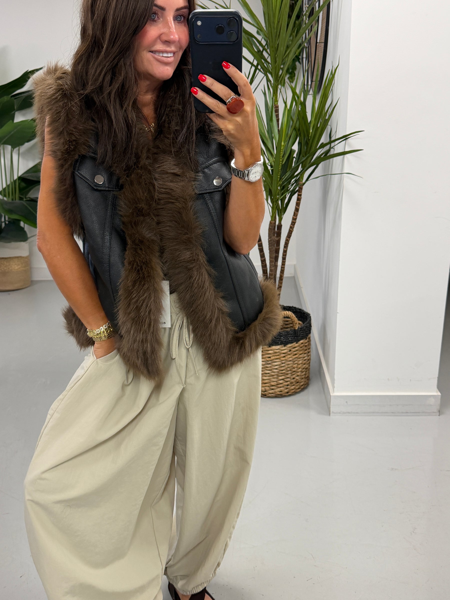 PRE ORDER Kensington Faux Fur Trim Gilet  - Black/Chocolate