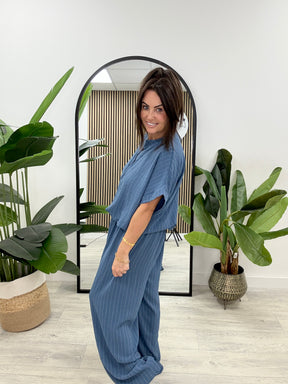 Brinley Button Pinstripe Co-Ord - Denim Blue