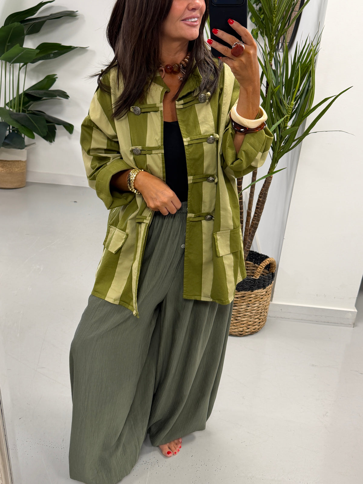 Bailey Wide Stripe Military Jacket - Green