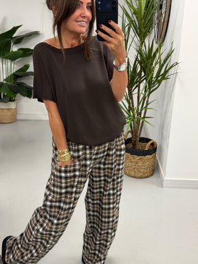 The Bailey Plush Cotton Plaid Barrel Trousers- Chocolate  (Size 10-16)