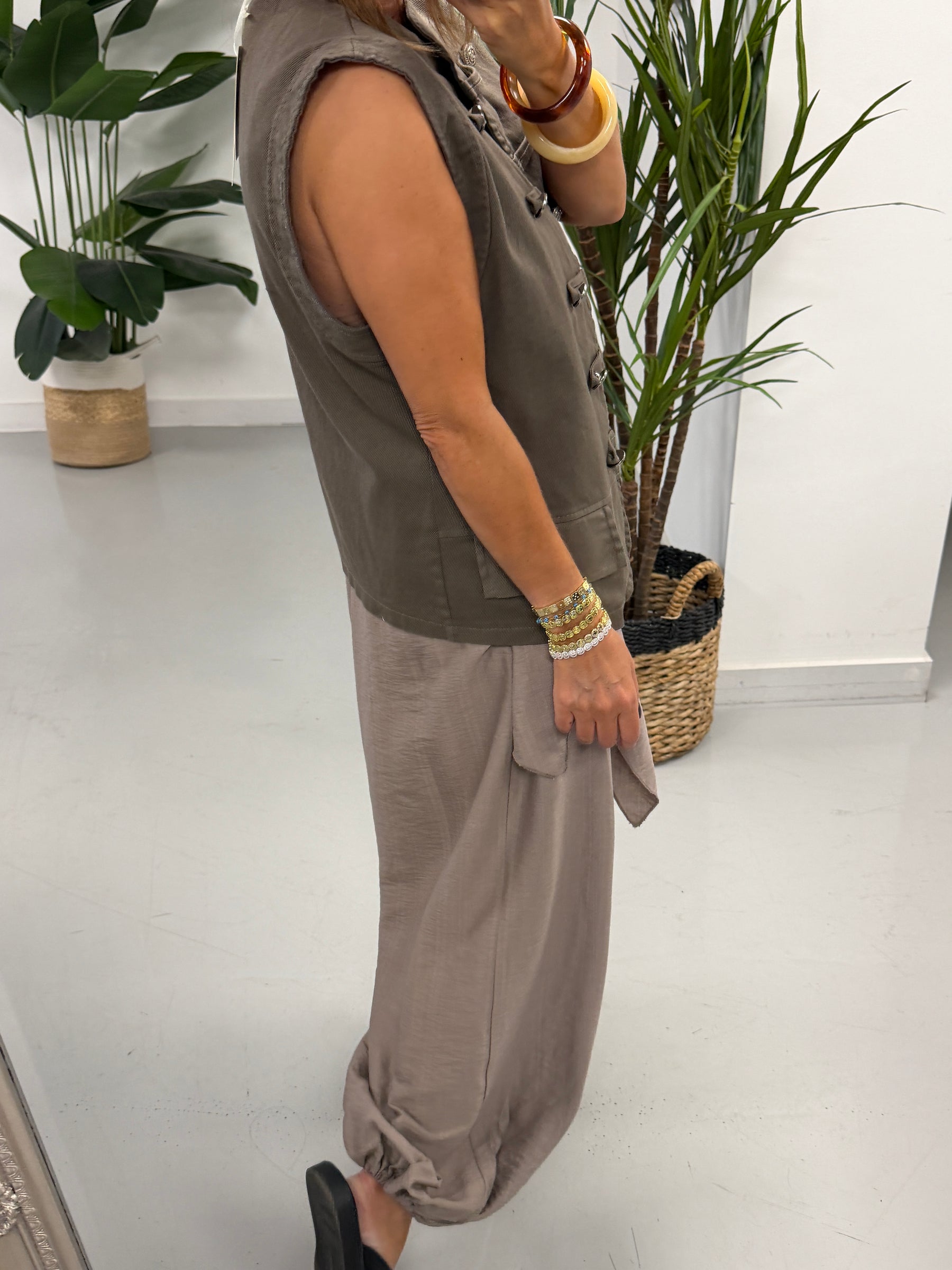 Denim Military Waistcoat - Taupe