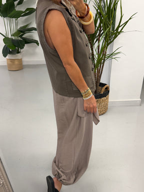 Denim Military Waistcoat - Taupe