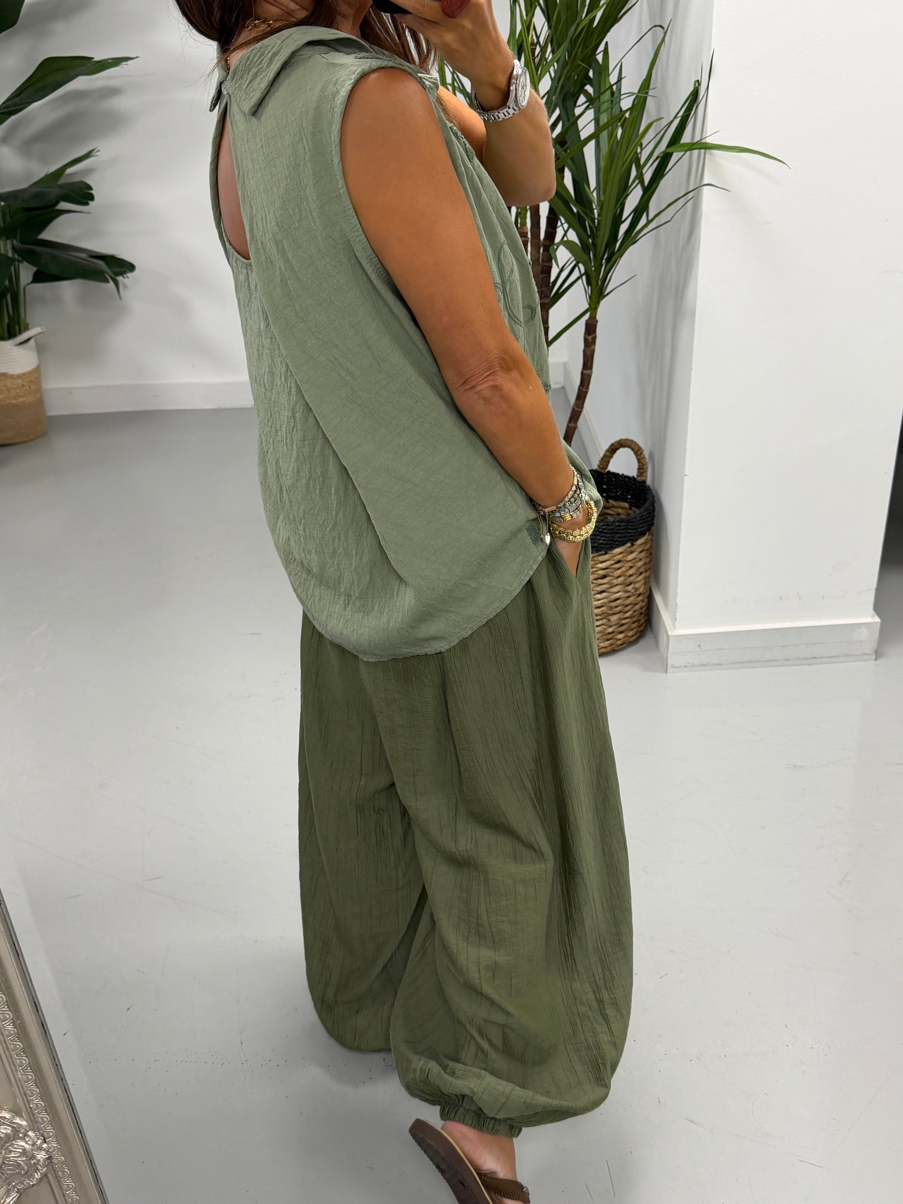 Reverse Collar Embroidered Tunic - Khaki