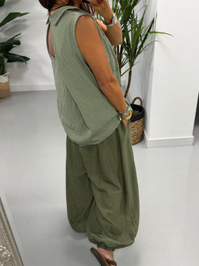 Reverse Collar Embroidered Tunic - Khaki