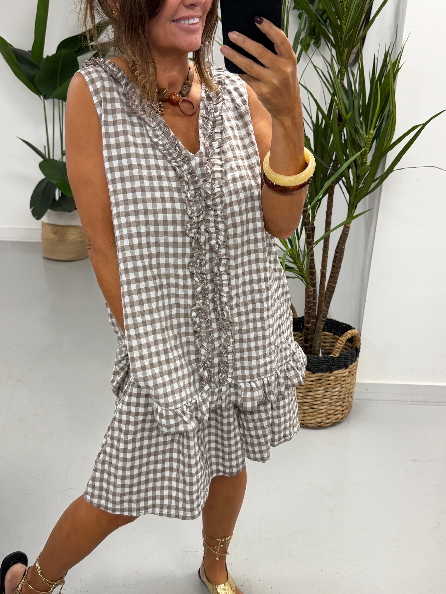 The Gingham Frill Tunic- Light Mocha
