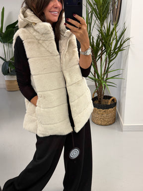 Fly Faux Fur Hooded Giilet  - Cream