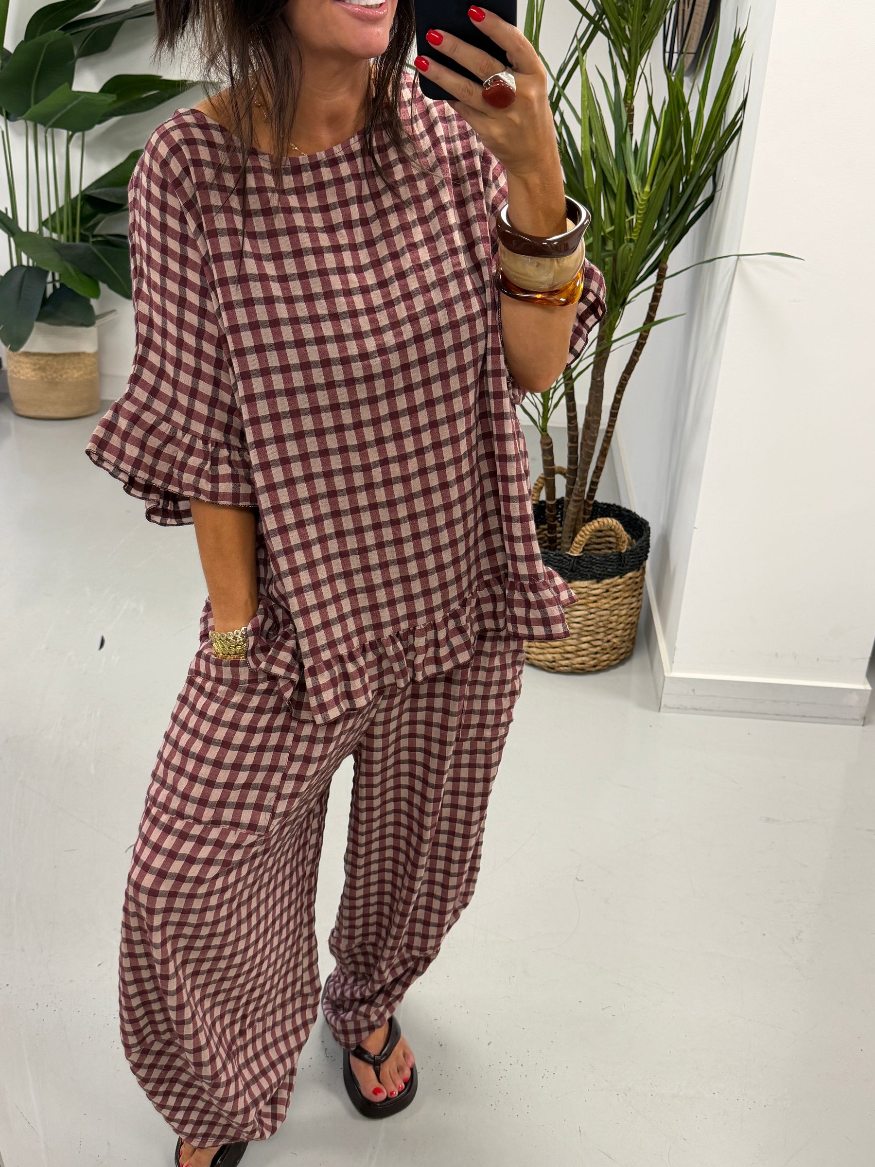 The Autumn Check Tulip Hem Trousers - Wine
