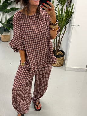 The Autumn Check Tulip Hem Trousers - Wine