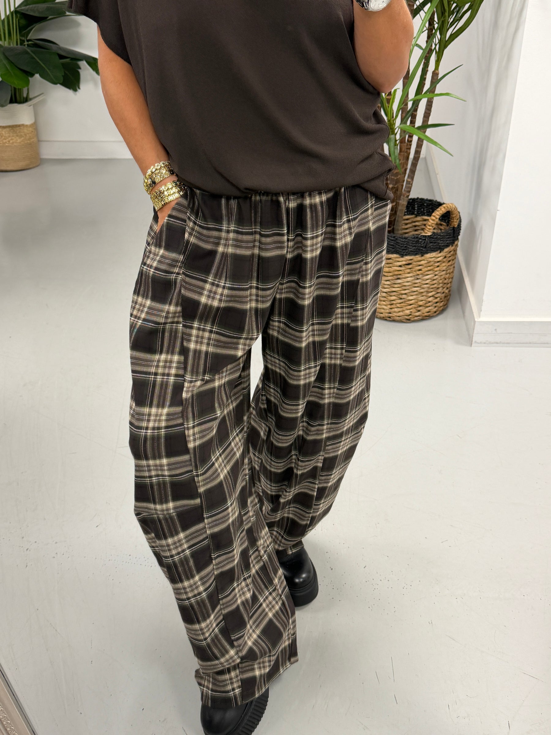 The Clyde Plaid Barrel Trousers - Chocolate  (Size 12-16)