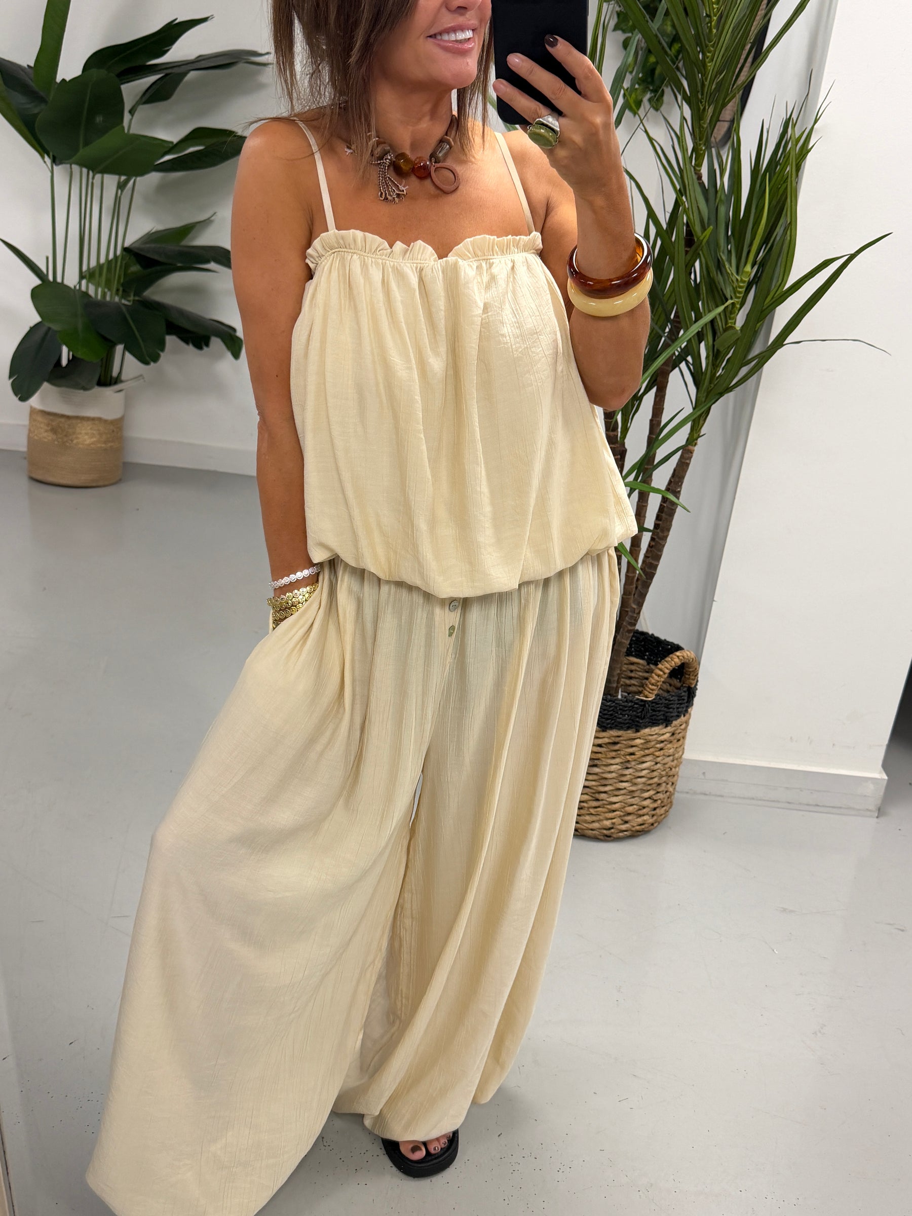Button Crinkle Balloon Co Ord - Cream