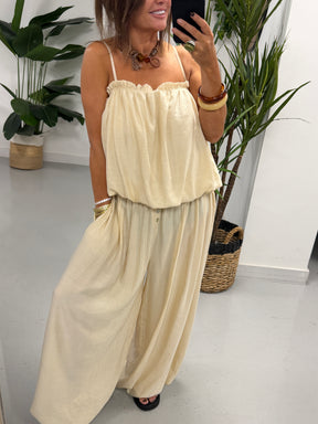 Button Crinkle Balloon Co Ord - Cream