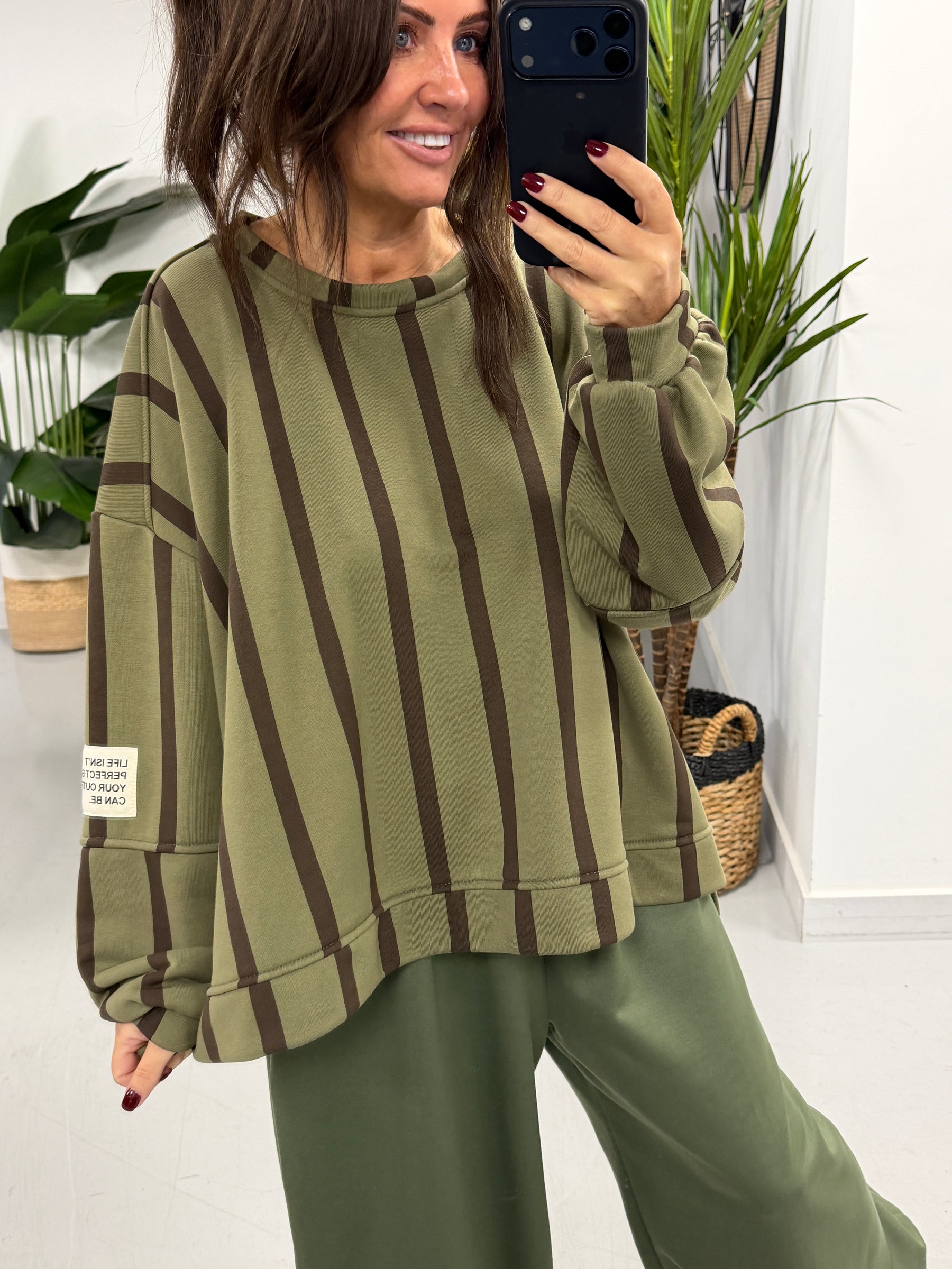 Sunset Stripe  “Life Isn’t Perfect” Sweater - Khaki/Chocolate