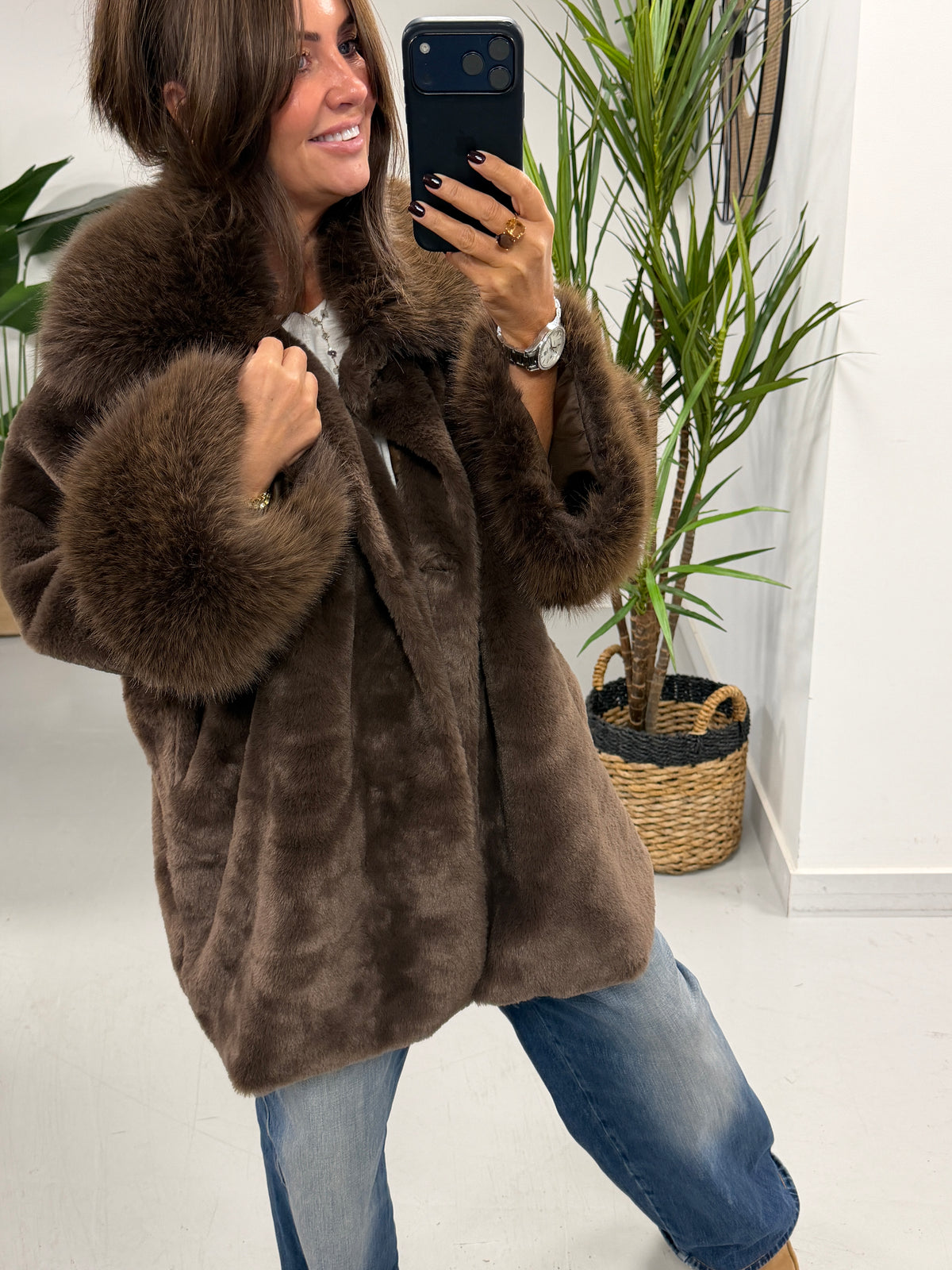 Kensington Faux Fur Swing Jacket - Chocolate