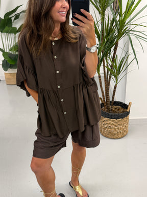 Peplum Button Short Set - Chocolate