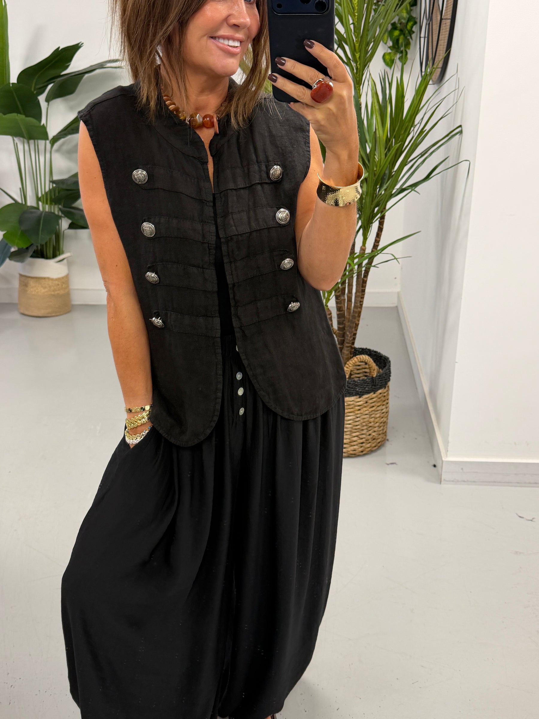 Linen Military Waistcoat - Black