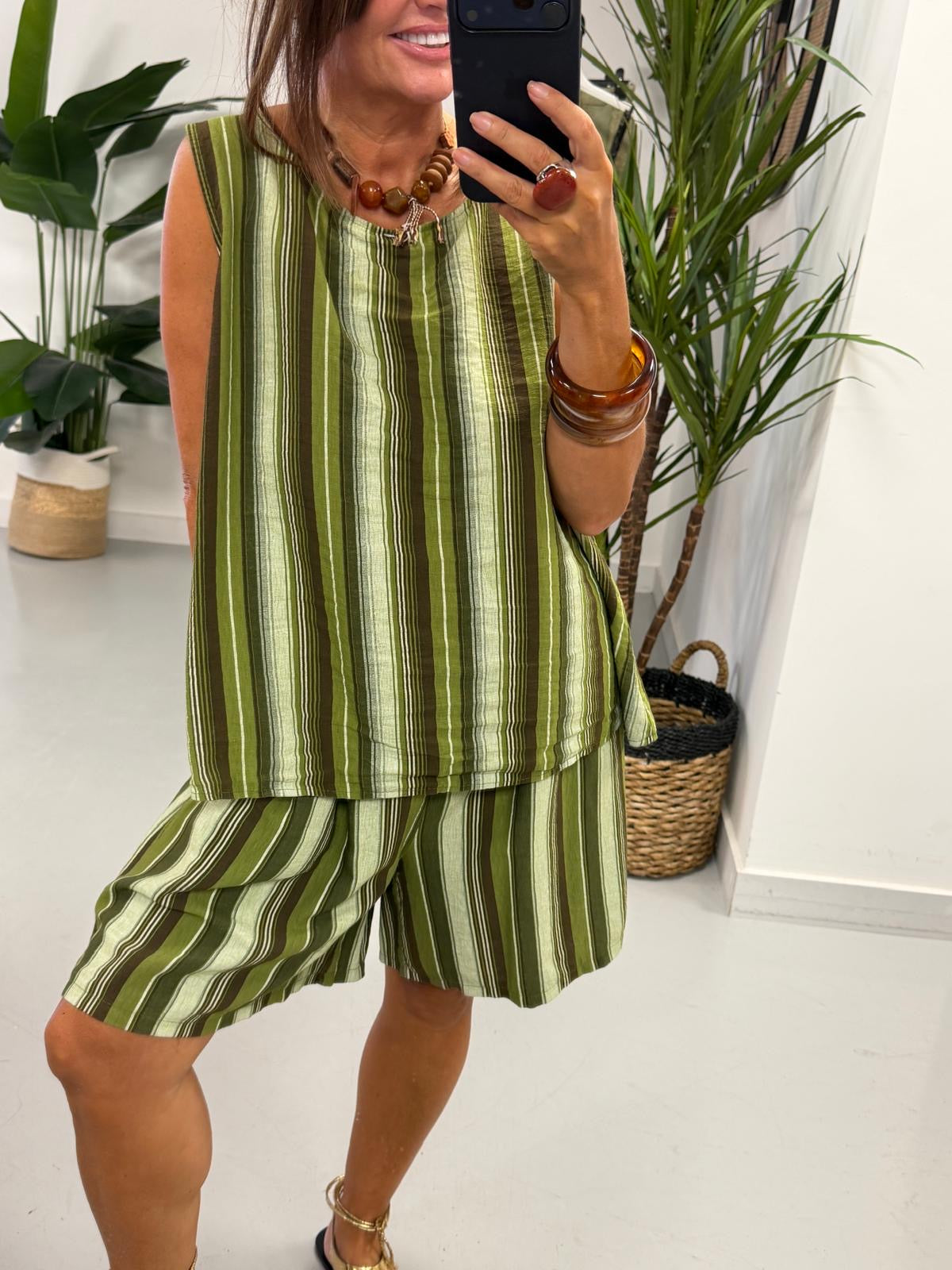 Belted Stripe Shorts Set - Green