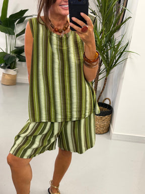 Belted Stripe Shorts Set - Green