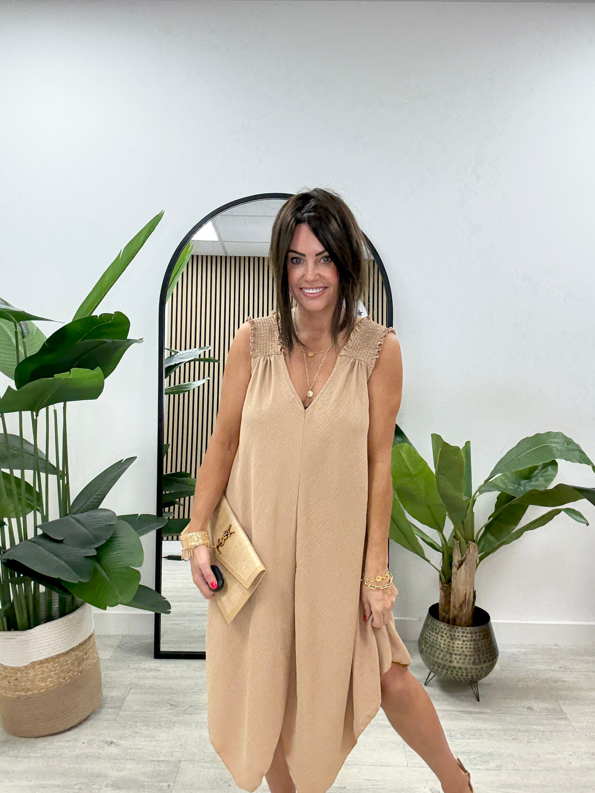 Ruched Handerchief Dress - Camel